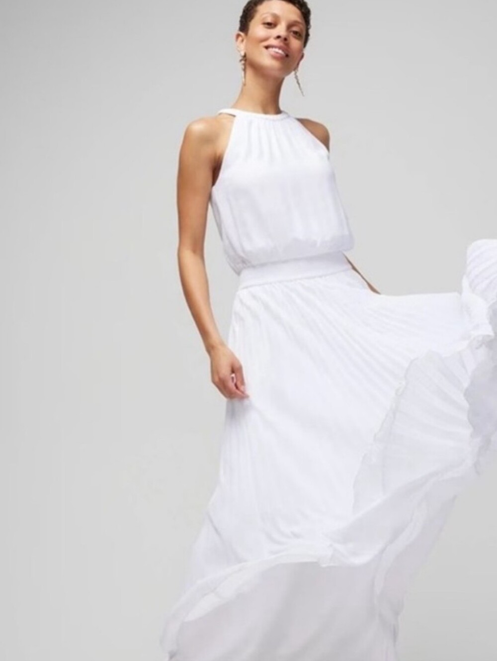 White House Black Market White Halter Pleated Maxi Dress